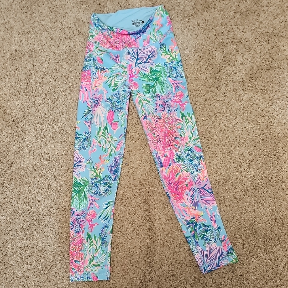 Lilly Pulitzer Aqua Floral Leggings with Pink & Green Coral Print